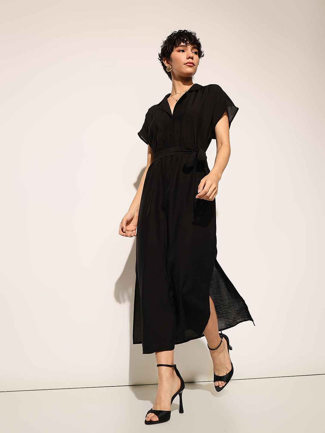 Genevieve Midi Dress - Slim Shirt Dress in Black