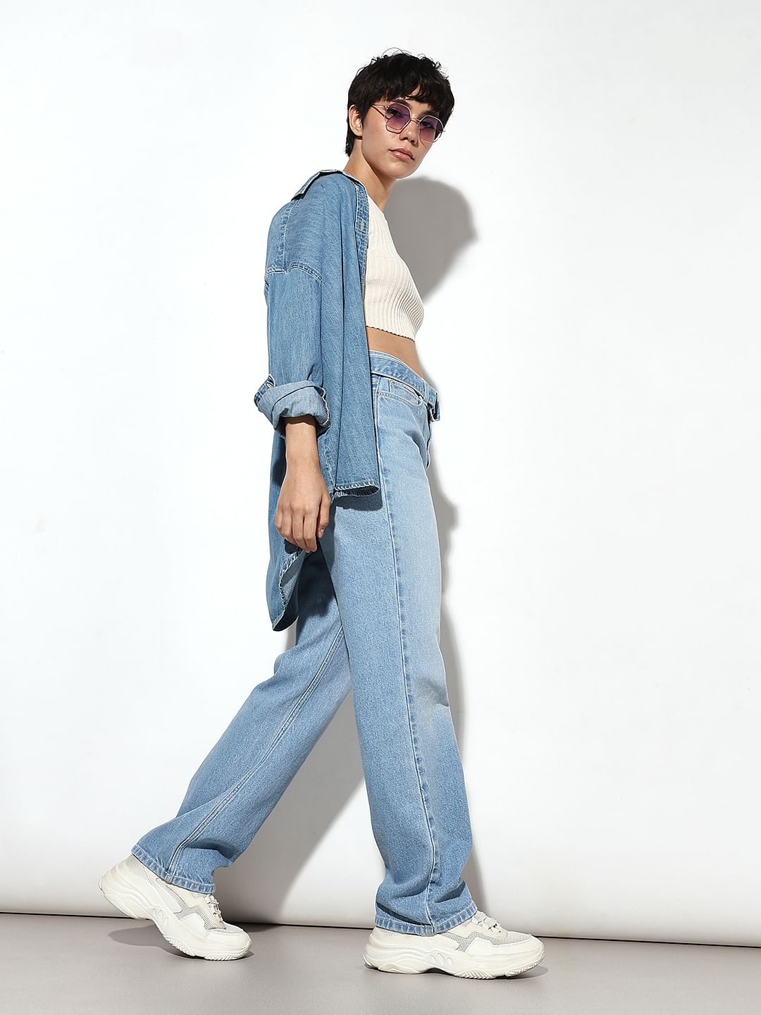 Light Blue Belted Light Denim Casual Wear