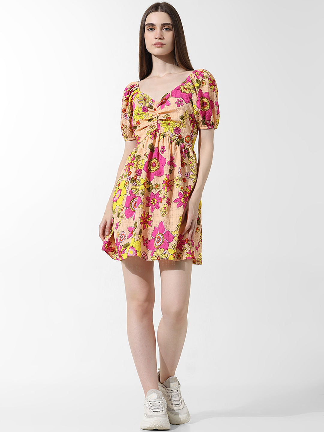 Women Peach Floral Printed A-Line Dresses