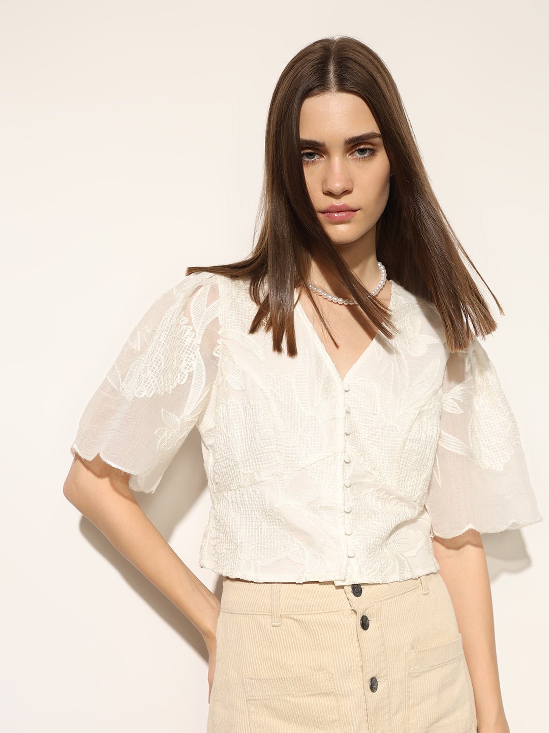 ONLY White Floral Embroidered Top